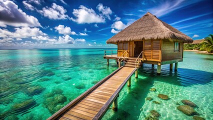 Luxurious overwater bungalow with steps leading into a beautiful green lagoon, luxury, tropical, vacation, resort, paradise