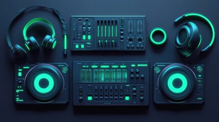 Fototapeta premium A modern DJ setup featuring mixers, headphones, and controllers with vibrant lighting.