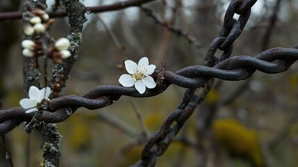 Delicate White Flower Blooming Through Rusty Chain