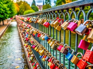 Wedding Locks Symbolizing Love on Bridge Fence, Celebrating Marriage with Colorful Padlocks Connected in Unity