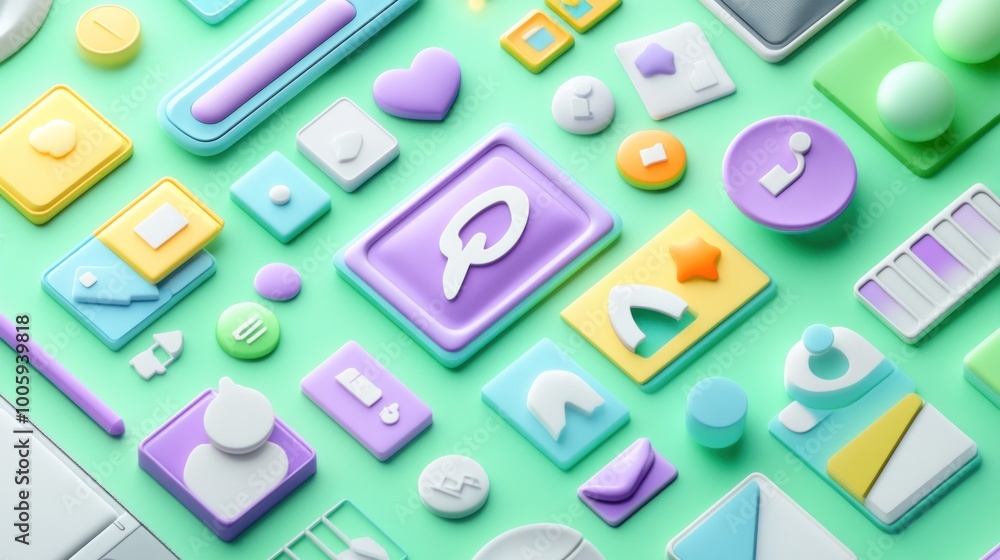 Poster a collection of colorful, modern user interface design elements on a mint background.