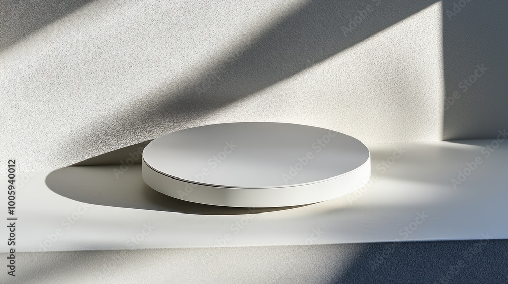 Poster a minimalist white circular platform casting shadows in a softly lit environment.