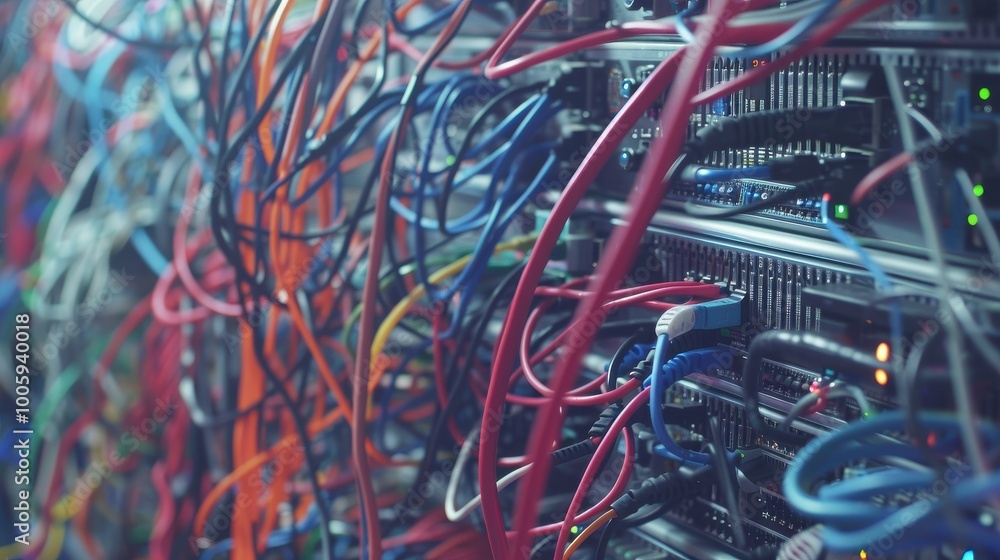 Poster network cables connected to server racks in data center room. selective focus.