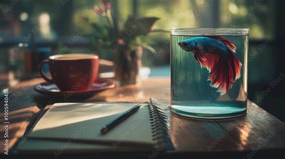 Poster A serene scene featuring a betta fish in a glass bowl beside a notebook and coffee.