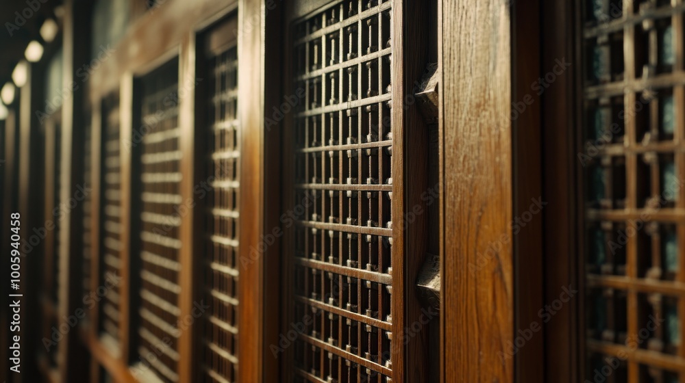 Poster a close-up of intricately designed wooden panels with a grid pattern.