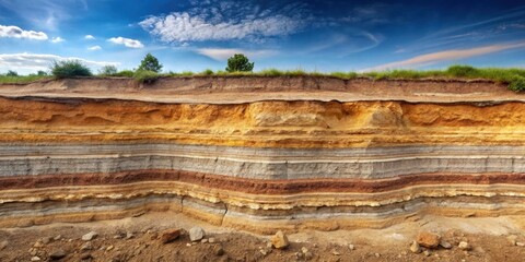 Geological layers of earth in deep sand pit , layers, geology, earth, sand, formation, sediment, excavation, soil © lapeepon