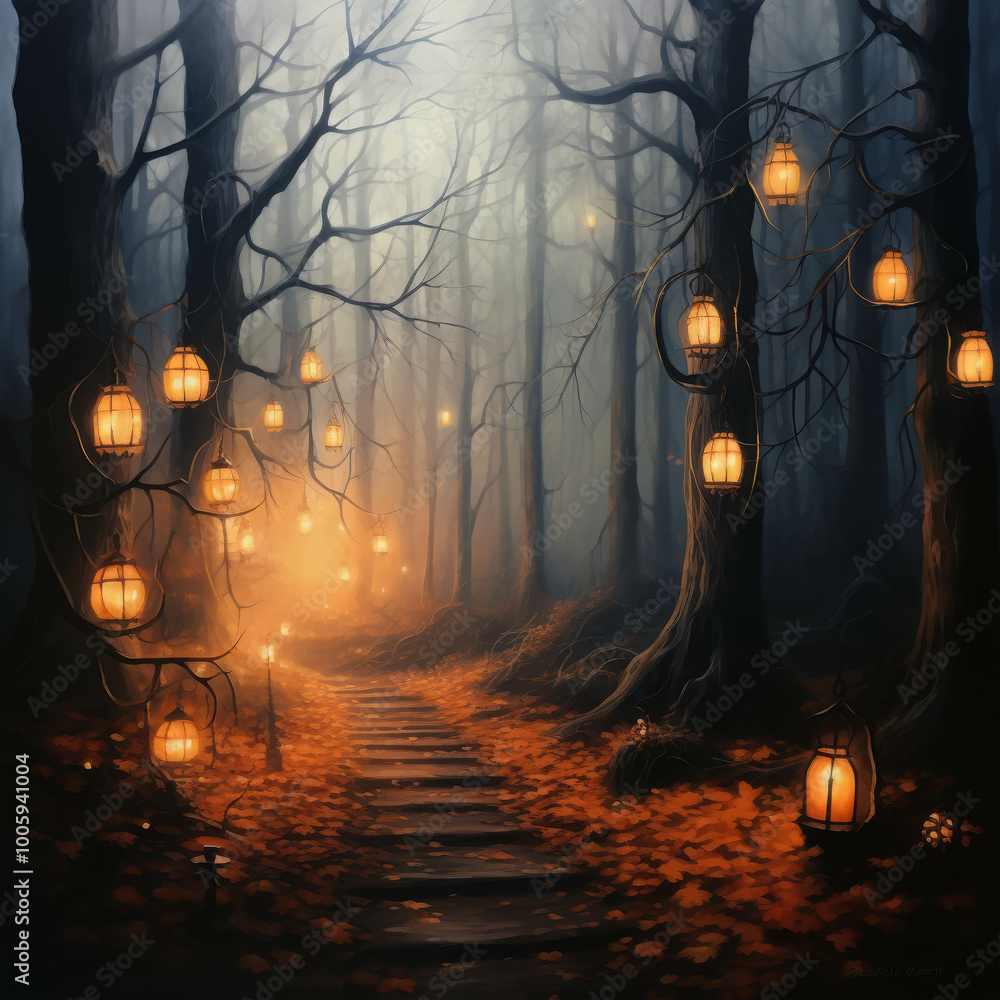 Poster mysterious lantern path through creepy forest