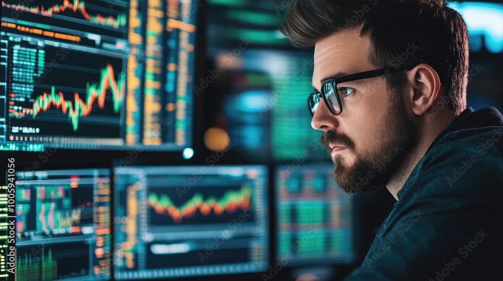 Poster focused young man analyzing financial data on multiple screens in a modern office environment with c