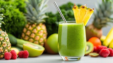 Fresh green smoothie garnished with pineapple, surrounded by vibrant fruits and vegetables for a nutritious beverage.