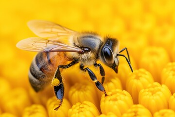 Extreme macro shot of a bee on a bright yellow flower, showcasing intricate details.