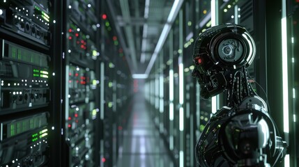 3d rendering humanoid robot in server room or data center hallway with servers