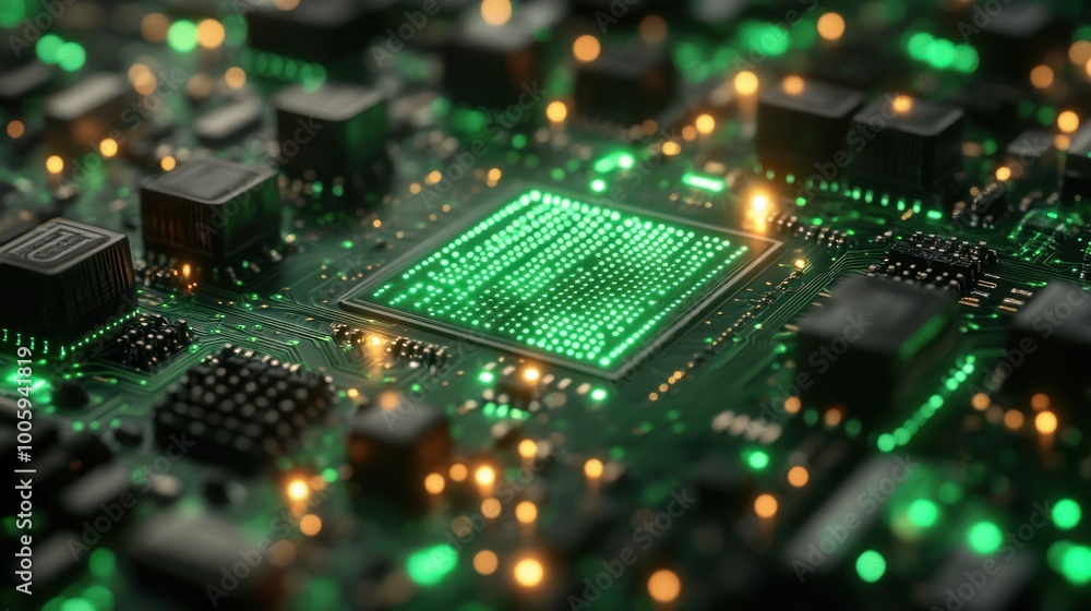 Poster green circuit board with glowing processor