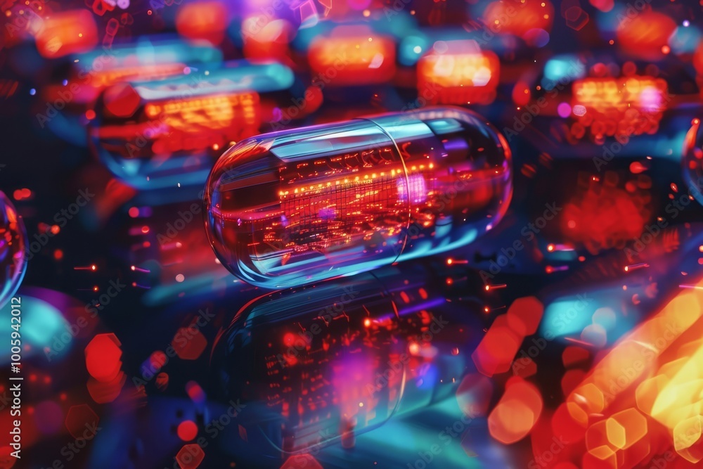 Poster captivating glow of vibrant capsules illuminated by colorful lights at an abstract setting during a 