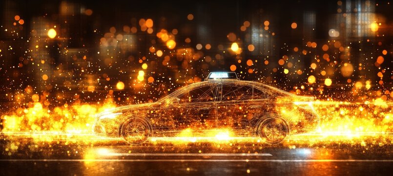 Abstract Burning Wireframe Sedan Driving Through Golden Cityscape Bokeh at Night. 3D Rendering