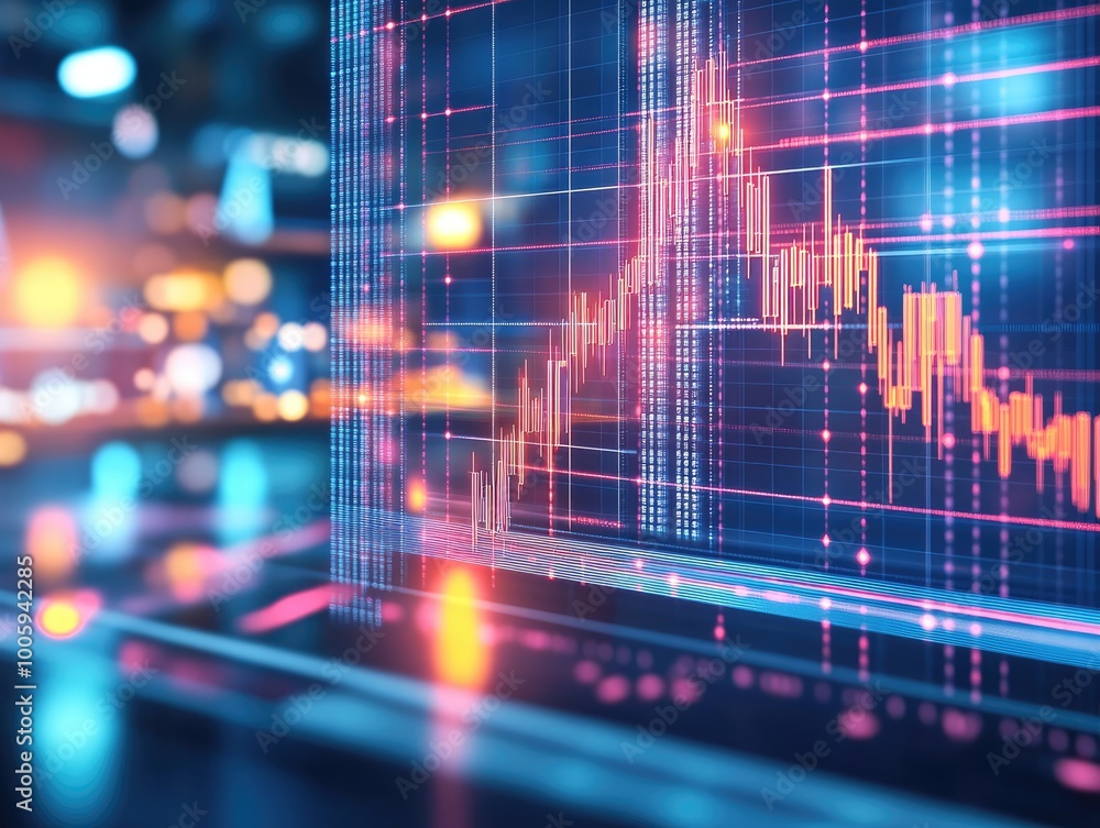 Poster futuristic data visualization with vibrant colors, depicting a dynamic stock market graph against a 