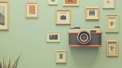 Fototapeta premium A decorative wall featuring framed photos and a vintage camera as a focal point.