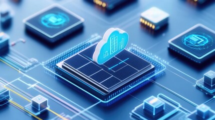 Futuristic technology concept showcasing cloud computing integrated with microchips and digital circuits.