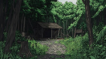 Naklejka premium Mysterious Wooden Cabin in Lush Jungle Landscape.