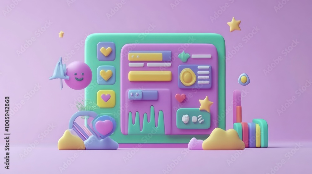 Aufkleber a vibrant 3d illustration of a user interface with playful elements and icons.