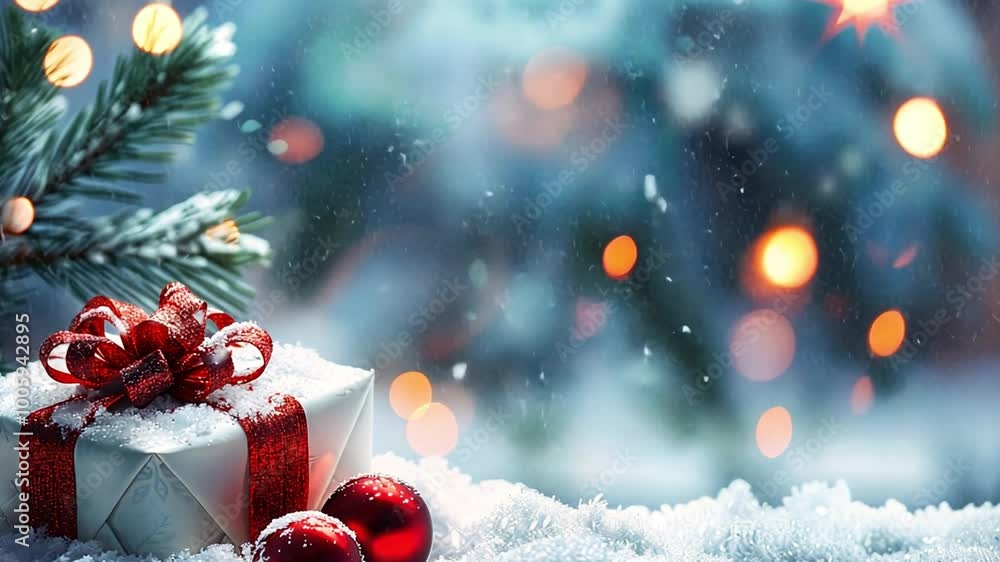Poster a wrapped gift adorned with a red ribbon rests on a layer of snow. nearby, shiny ornaments catch the