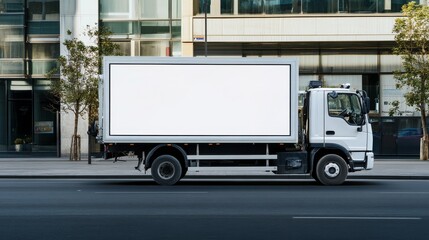A white truck with an LED screen on the side, displaying a large blank banner for advertising or branding. The setting is outdoors in front of a building, emphasizing the simplicity and contrast 