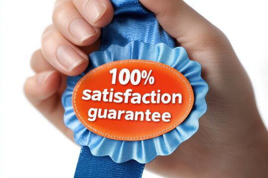 Hands Holding 100% Satisfaction Guarantee Badges