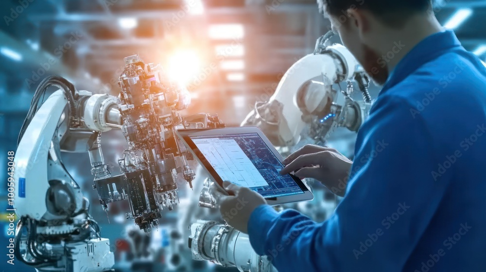 Aufkleber a technician operates a tablet while interacting with an industrial robot in a factory setting.