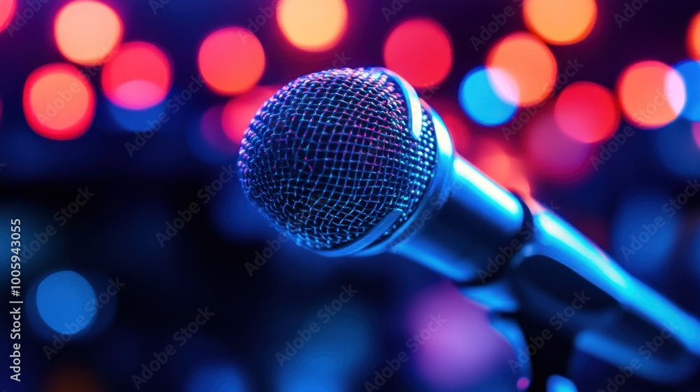 Poster a close-up of a microphone with colorful bokeh lights in the background.
