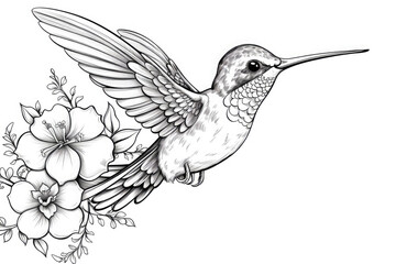 Fototapeta premium Intricate black and white line art illustration of a bird perched on a floral branch, perfect for adult coloring books or artistic projects