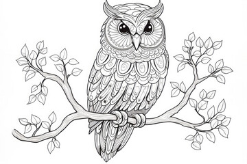 Highly detailed zentangle drawing of an owl, perfect for coloring books, adult coloring pages, and other creative projects. This intricate illustration features a symmetrical design