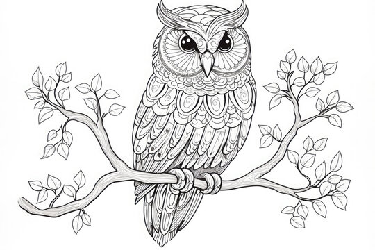 Highly detailed zentangle drawing of an owl, perfect for coloring books, adult coloring pages, and other creative projects. This intricate illustration features a symmetrical design