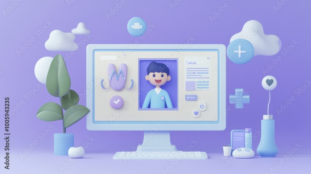 Poster a digital workspace featuring a friendly character and health-related elements.
