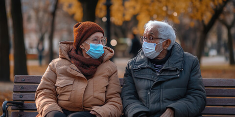 Elderly couple in masks enjoys autumn day in park, sitting on bench, talking. Embracing new normal, they share love and care. Warm clothing, golden leaves surround them, reflecting cozy atmosphere