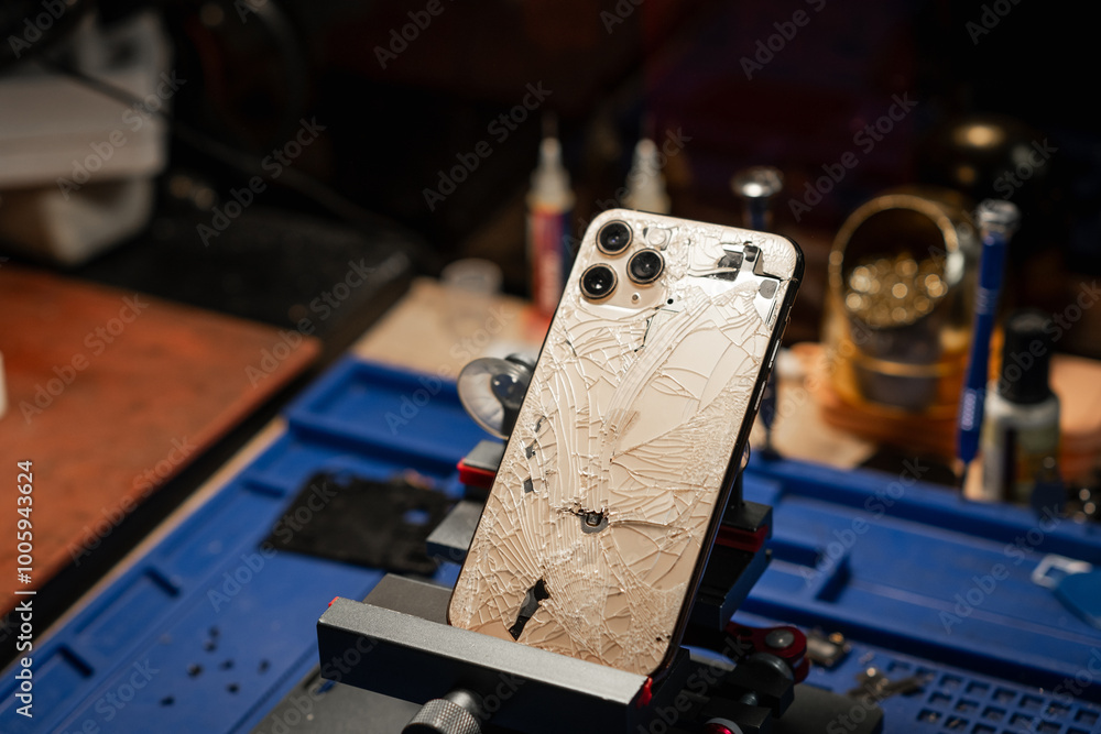 Poster smartphone with shattered glass on a repair table at a service center surrounded by tools and parts 