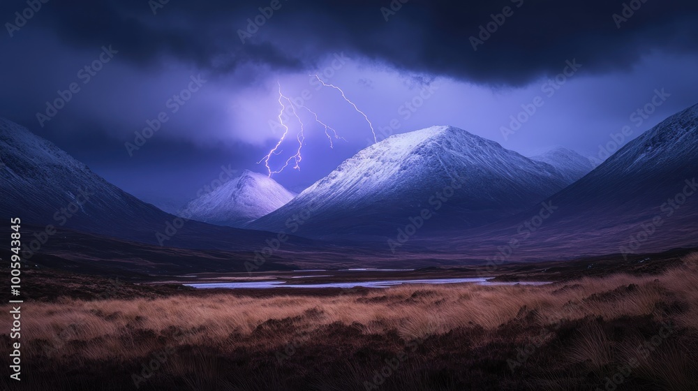 Canvas Prints A dramatic landscape featuring mountains, snow, and lightning under a stormy sky.