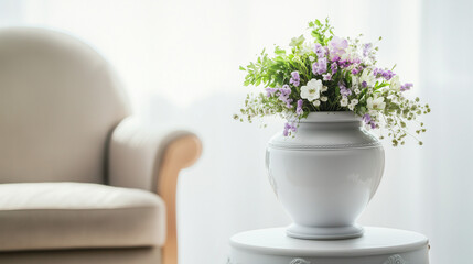 Vase with flowers, cozy living room setup, bright natural light, soft colors, and copy space
