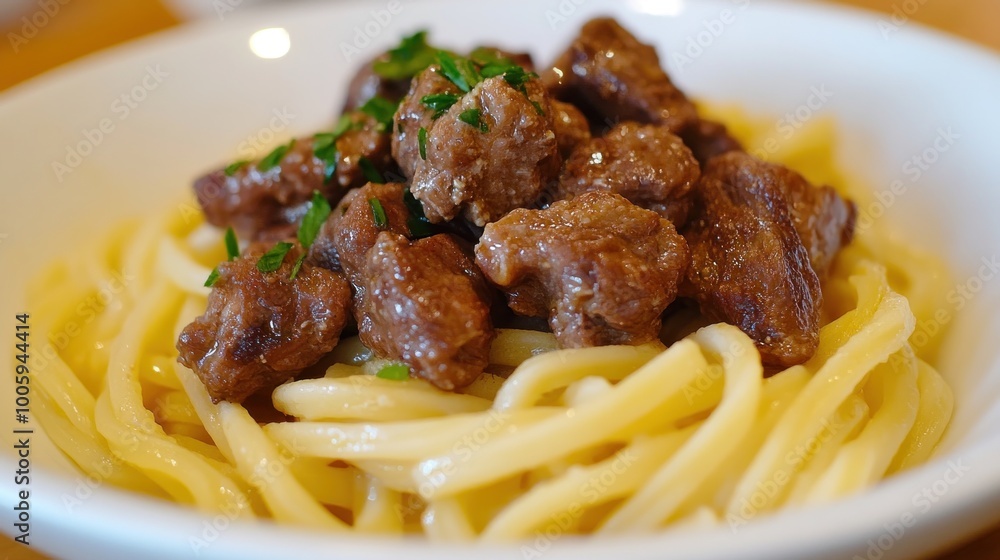 Poster A bowl of pasta topped with tender beef chunks and garnished with herbs.