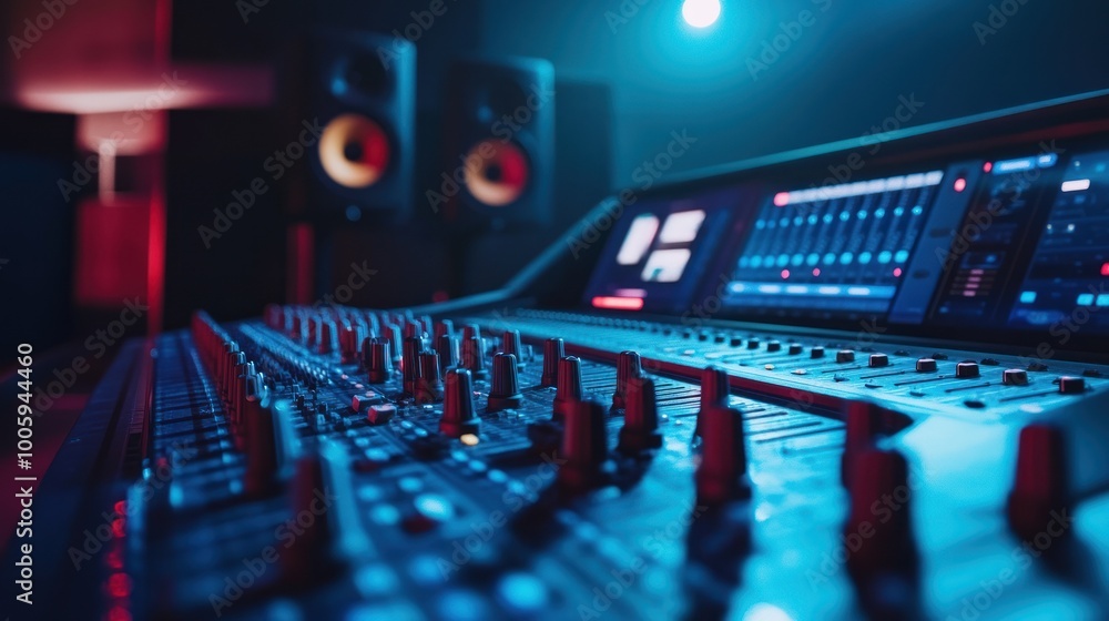 Poster a close-up view of a sound mixing console in a studio with vibrant lighting.
