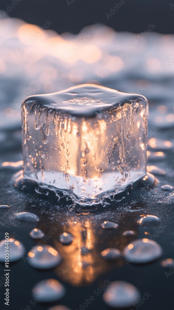 Poster melting ice cube with reflection on a wet surface, close-up shot. refreshing and cool concept