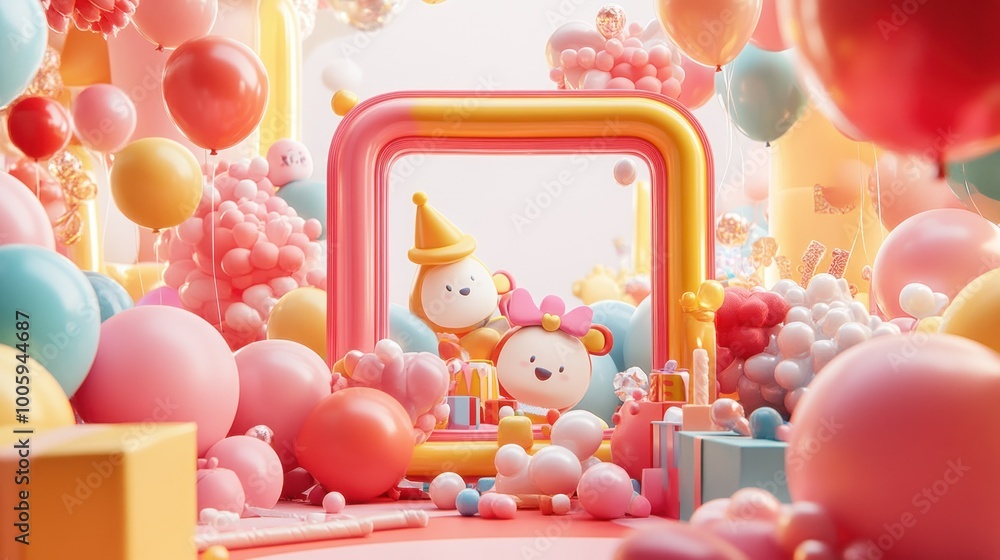 Poster a vibrant scene filled with colorful balloons and playful characters in a joyful setting.