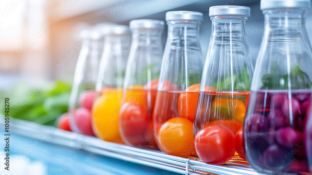 Poster a lineup of clear bottles filled with vibrant fruits sits on a shelf, showcasing an array of infused