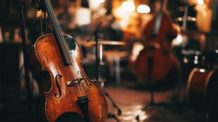 A warm, inviting music setting featuring string instruments and a cozy atmosphere.