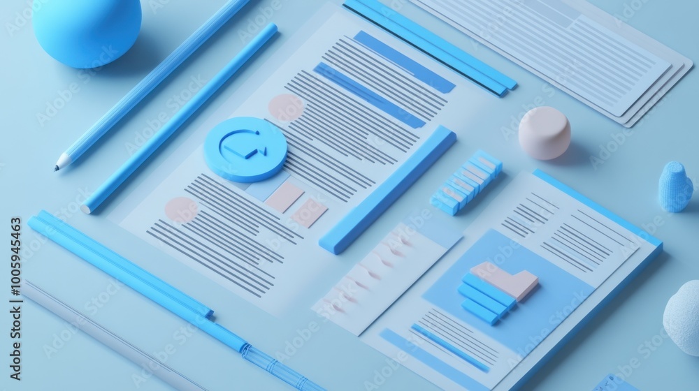 Poster a flat lay of blue-themed documents and objects, showcasing design and layout elements.