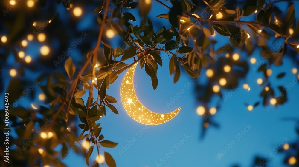 Poster A crescent moon surrounded by glowing lights and leaves against a blue sky.