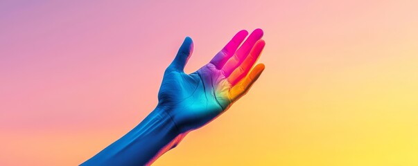 Obraz premium A giant, multicolored hand reaching down from the sky, symbolizing the power of creativity to shape the world