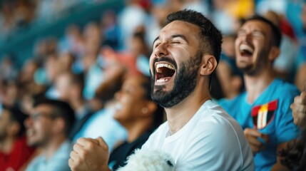 Fototapeta premium Joyful fan celebrating a sports victory with laughter in a vibrant crowd, capturing the essence of excitement and enthusiasm.