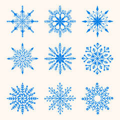  Winter snowflake hand drawn icons. Cute and creative snow symbols. Blue snowflakes isolated on a white background