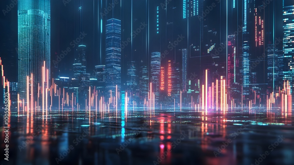 Poster futuristic holographic trading app with glowing financial data visualization high tech digital inter