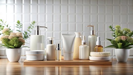 Packshot of cosmetic products in a modern bathroom setting, cosmetics, beauty, skincare, lotion, shampoo, conditioner