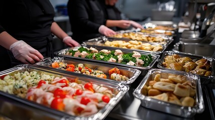 Obraz premium A catering team setting up a buffet at a corporate event, arranging trays of appetizers, main courses, and desserts on a long table.